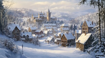 Fototapeta premium A picturesque winter village nestled in a valley, with a majestic castle atop a hill, snow-covered houses and trees.