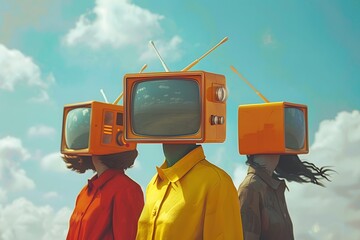 Surreal Scene of Figures with Vintage TV Heads Against a Bright Sky