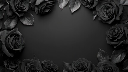 Black roses arranged in a frame on a black background with copy space in the center.