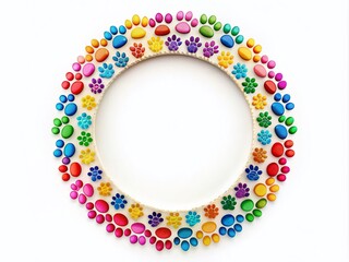 Fototapeta premium Round Colorful Frame with Vibrant Animal Paw Prints for Pet-Themed Food Photography and Creative Blank Design Template