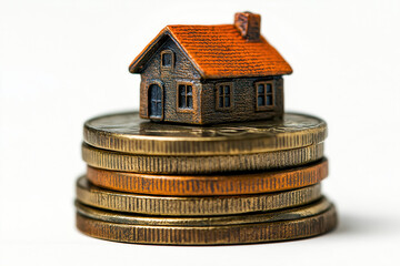 A stack of coins with a miniature house on top, accompanied by an upward arrow, symbolizing rising property values