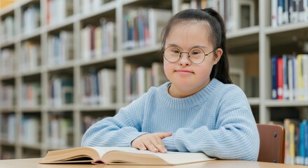 Young asian girl with down syndrome reading book in library setting for education and learning concepts