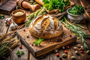 Fototapeta premium Rustic Country Bread on Wooden Board Surrounded by Fresh Ingredients for a Cozy Kitchen Atmosphere, Perfect for Food Photography and Culinary Inspirations