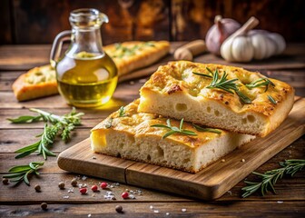 Rustic Focaccia Bread with Extra Virgin Olive Oil and Salt in a Cozy Setting, Perfect for Food Photography and Culinary Inspiration, Ideal for Home Bakers and Chefs