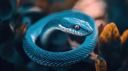 Fototapeta premium Stunning Blue Snake Coiled Among Vibrant Green Leaves in Nature