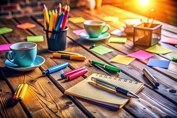 Rustic Table with Pens and Blank Paper Notes in Tilt-Shift Photography - A Cozy Workspace Scene for Creative Inspiration