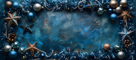 A blue velvet board decorated with silver tinsel, shimmering baubles, and a glowing star centerpiece