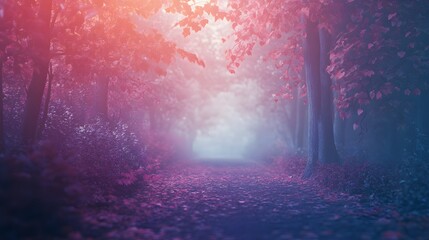 Misty Path Through A Purple Autumn Forest