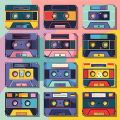 Retro Analog Audio Cassettes Vector Collection - Nostalgic Music Icons in Vibrant Colors and...