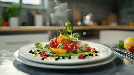 chef decorated plate with food on kitchen