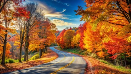Fototapeta premium Scenic Autumn Roadway: A Serene Pathway Through Colorful Fall Foliage with Space for Text and Imagery, Ideal for Travel and Nature Themes in Stock Photography