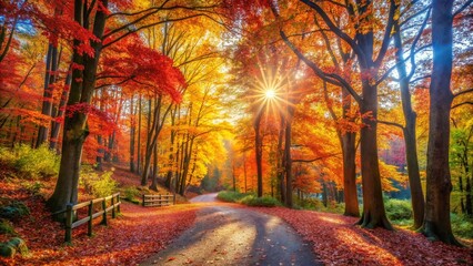 Scenic Fall Woodland with Vibrant Colorful Foliage Along a Serene Pathway Through the Forest, Capturing the Essence of Autumn's Beauty in Nature Photography