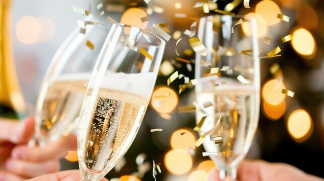 Celebration with sparkling champagne flutes clinking together amid festive confetti, creating a joyful atmosphere perfect for special occasions and joyous gatherings