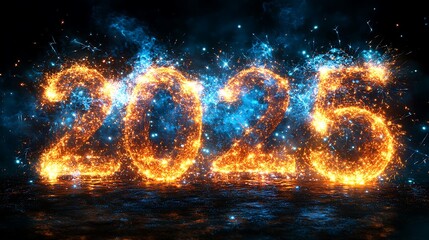 Bright colorful 2025 sparkler firework effect glowing on dark sky happy new year celebration