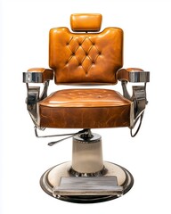 A professional barber seat, made of brown leather, isolated on white background