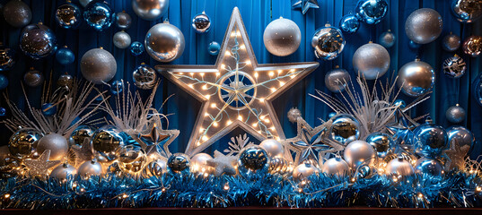 A blue velvet board decorated with silver tinsel, shimmering baubles, and a glowing star centerpiece