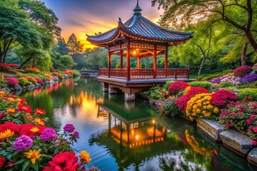 Naklejka premium Scenic Portrait of a Beautiful Pavilion by a Tranquil River, Surrounded by Lush Greenery and Vibrant Flowers, Perfect for Nature Lovers and Relaxation Enthusiasts
