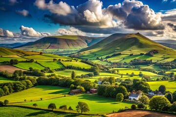 Obraz premium Scenic View of Llanddeusant in the Brecon Beacons National Park, Showcasing the Black Mountains and Serene Countryside of Carmarthenshire, Wales