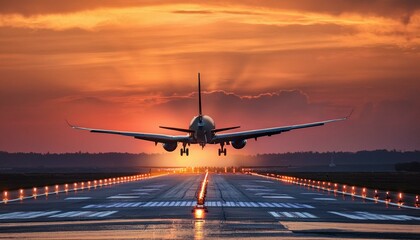 airplane landing at sunset