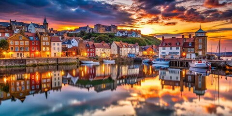 Fototapeta premium Scenic Whitby Quayside at Dusk with Historic Buildings, Boats, and Reflections in the Water, Captured Using the Rule of Thirds for a Balanced Composition and Atmospheric Lighting