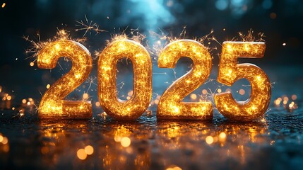 Shimmering sparkler 2025 glowing text colorful light fireworks against dark evening sky new year theme