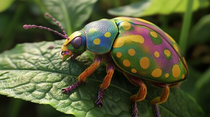Fototapeta premium Vibrant Beetle on a Vegetable Leaf with Colorful Spots. AI generated illustration