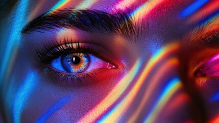 Collage of close-up male and female eyes isolated on colored neon backgorund. Multicolored stripes.