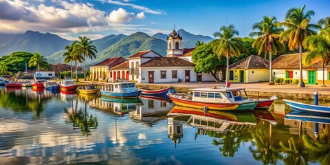 Obraz premium Serene Architectural Photography of Tourist Boats Anchored in the Historic Harbor of Paraty, Rio de Janeiro, Surrounded by Colonial Buildings and Lush Greenery