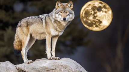 Naklejka premium A wolf stands on a rock under a large, glowing moon in a serene night setting.