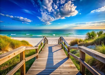 Obraz premium Serene Beach View with Wooden Deck, Clear Blue Sky, and Soft Sandy Shore Perfect for Relaxation and Vacation Imagery in a Peaceful Coastal Setting