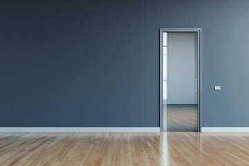 Empty room with gray wall, light wood floor, and open door.