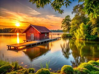 Obraz premium Serene Boathouse on a Tranquil Lake Surrounded by Lush Greenery at Sunset with Reflections on Water and a Clear Sky, Perfectly Framed using the Rule of Thirds
