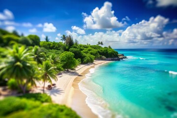 Obraz premium Serene Caribbean Beach View: A Tilt-Shift Perspective of the Idyllic Barbados Shoreline with Crystal Clear Waters and Lush Greenery Under a Bright Blue Sky
