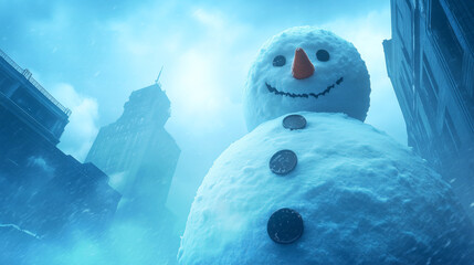 Obraz premium Snowman stands tall in winter cityscape against a cloudy sky
