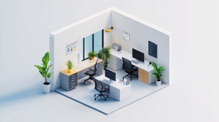 Isometric view of a modern office interior with desks, computers, plants, and office supplies