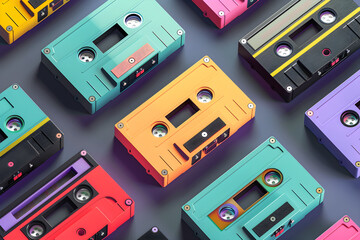 Retro Analog Audio Cassettes Vector Collection - Nostalgic Music Icons in Vibrant Colors and...