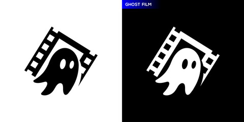 Movie ghost logo. Funny, figure, cartoon, reel, video. Icon symbol design template EPS 10.