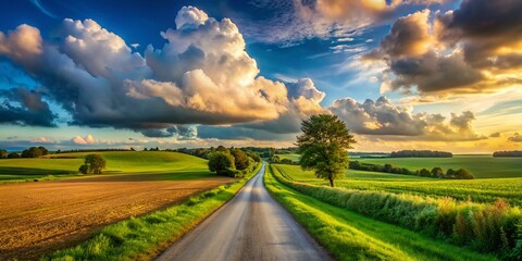 Obraz premium Serene Country Road Amidst Lush Green Fields and Dramatic Cloudy Sky in a Picturesque Rural Landscape Perfect for Nature Lovers and Travel Enthusiasts