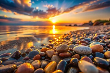 Obraz premium Serene Double Exposure of Pebble Stones on Shore at Blurry Sunset, Capturing the Essence of Summer Nature's Tranquility and Beauty in a Dreamy Landscape