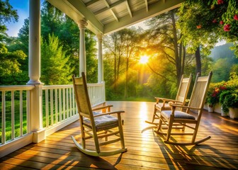 Serene Double Exposure of White Rocking Chairs on a Long Porch Surrounded by Lush Greenery, Perfect for Evoking Tranquility and Relaxation in Stock Photography