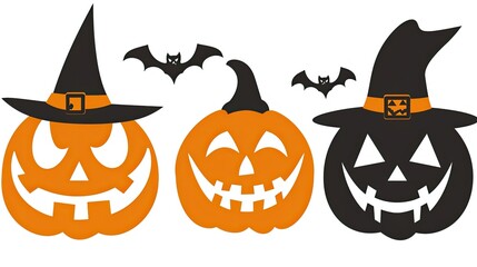 Halloween Decorations Featuring Playful Jack-o'-Lanterns and Bats with Witch Hats for a Festive and Spooky Celebration