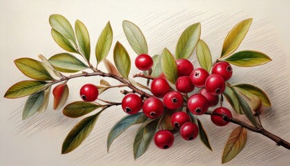 Lingonberry Branch, Sketch, Digital Art