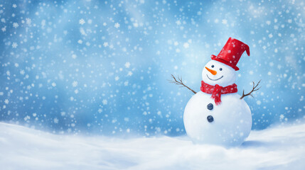 Fototapeta premium Cheerful snowman stands in a winter wonderland with snow