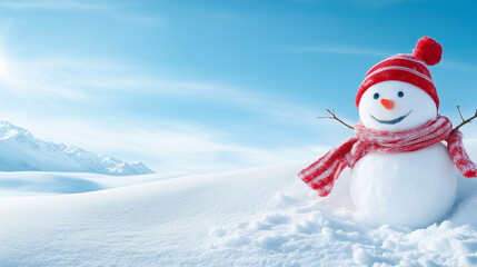 Obraz premium Snowman cheerful in winter landscape with mountains nearby