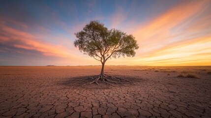 Lone tree in a dry landscape at sunset.