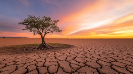 A solitary tree stands in a cracked, dry landscape at sunset.