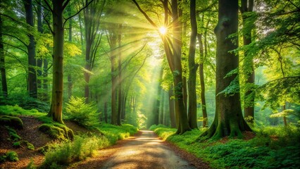Obraz premium Serene Forest Pathway Surrounded by Lush Green Trees - A Tranquil Escape into Nature's Embrace for Your Stock Photo Collection