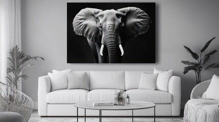 Monochrome elephant portrait on living room wall.
