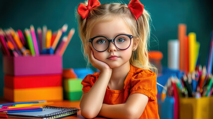 A girl with pigtails and glasses rests her chin on her hand, looking contemplative in a bright classroom filled with various art supplies and vibrant colors.