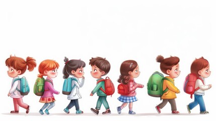 Fototapeta premium Group of Diverse Children Walking Together in a Joyful School Environment with Colorful Backpacks and Friendly Expressions